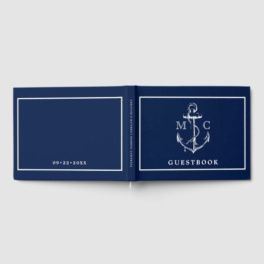 Marine Blauw Nautisch Anker Monogram Bruiloft Gastenboek (Volledig)