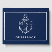 Marine Blauw Nautisch Anker Monogram Bruiloft Gastenboek (Voorkant)