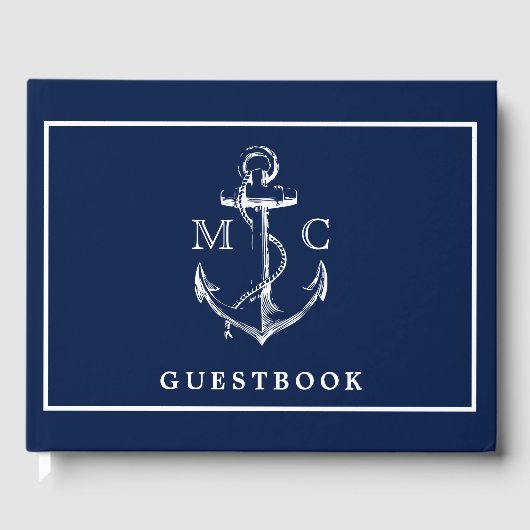Marine Blauw Nautisch Anker Monogram Bruiloft Gastenboek (Voorkant)