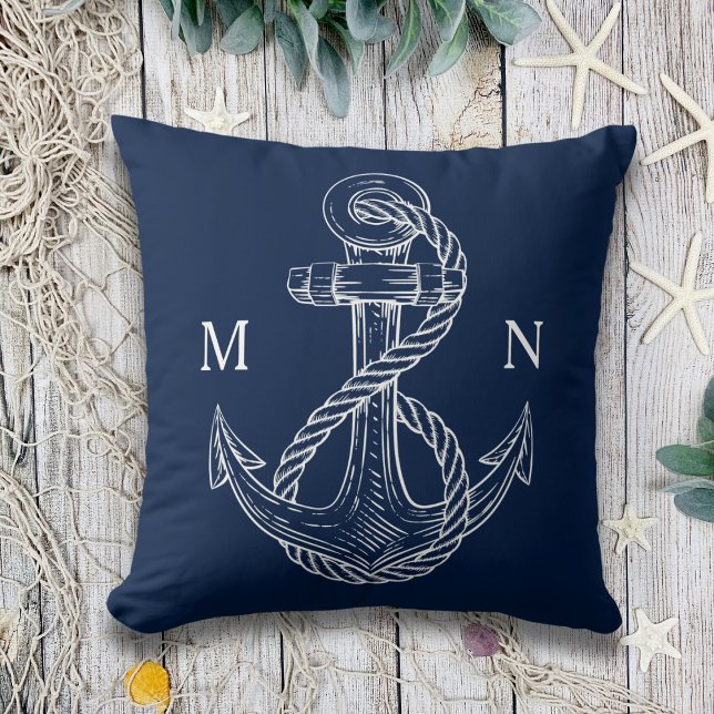 Marine Blauw Nautisch Anker Monogram Outdoor Kussen (Creator heeft geüpload)