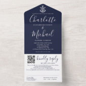 Marine Blauw Nautisch Anker Script QR Code Bruilof All In One Uitnodiging (Binnen)