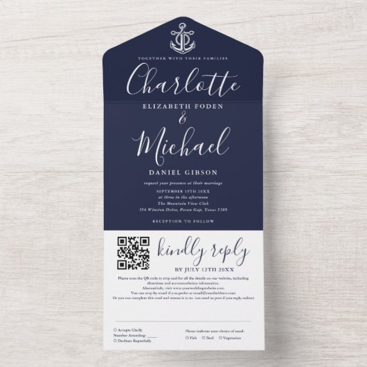 Marine Blauw Nautisch Anker Script QR Code Bruilof All In One Uitnodiging (Binnen)