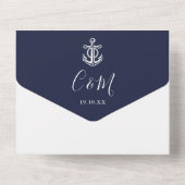 Marine Blauw Nautisch Anker Script QR Code Bruilof All In One Uitnodiging (Achterkant)