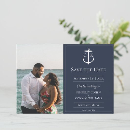 Marine Blauw Nautisch Monogram Foto Opslaan van de Save The Date (Staand voorkant)