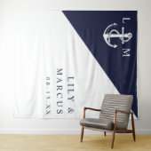 Marine Blauw Nautisch Monogram Huwelijksfoto Achte Wandkleed (In Situ (horizontaal))