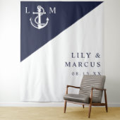 Marine Blauw Nautisch Monogram Huwelijksfoto Achte Wandkleed (In situ)