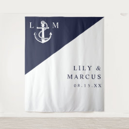 Marine Blauw Nautisch Monogram Huwelijksfoto Achte Wandkleed