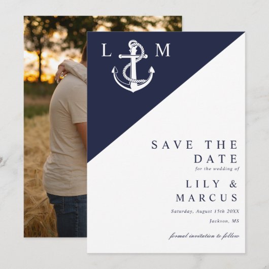 Marine Blauw Nautisch Monogram Huwelijksfoto Save The Date (Voorkant / Achterkant)