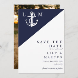 Marine Blauw Nautisch Monogram Huwelijksfoto Save The Date