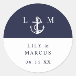 Marine Blauw Nautisch Monogram Huwelijksgunst Ronde Sticker