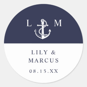 Marine Blauw Nautisch Monogram Huwelijksgunst Ronde Sticker
