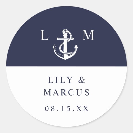 Marine Blauw Nautisch Monogram Huwelijksgunst Ronde Sticker (Voorkant)