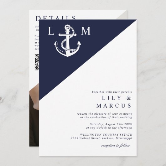 Marine Blauw Nautisch Monogram Trouwfoto QR-code Kaart (Voorkant / Achterkant)