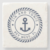 Marine Blauw Nautisch Touw & Anker Boot Naam Stenen Onderzetter (Voorkant)