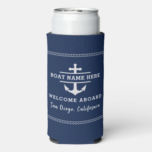 Marine Blauw Nautisch Welkom Aan boord Boot Naam A Seltzer Blikjeskoeler (Seltzer Achterkant)