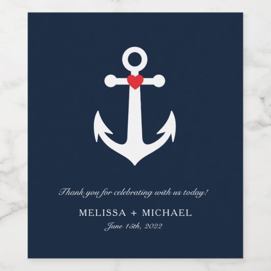 Marine Blauw Nautische Anker Bruiloft Dank u Wijn Etiket (Enkel label)