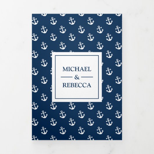 Marine Blauw Nautische Ankers Foto Bruiloft Drieluik Uitnodiging (Cover)