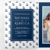 Marine Blauw Nautische Ankers Foto Bruiloft Drieluik Uitnodiging (Binnenzijde eerst)