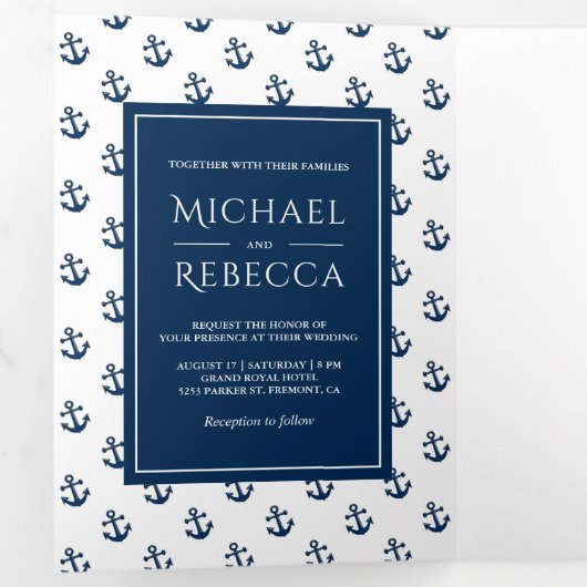 Marine Blauw Nautische Ankers Foto Bruiloft Drieluik Uitnodiging (Binnenzijde eerst)