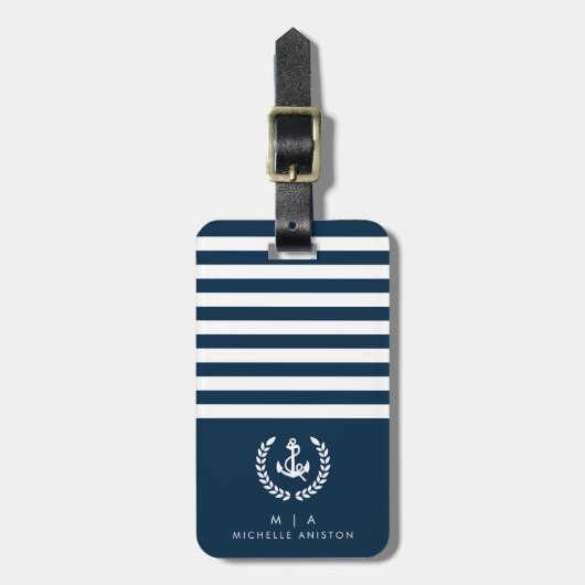 Marine Blauw Nautische Boot Anker | Monogram Aange Bagagelabel (Voorkant verticaal)