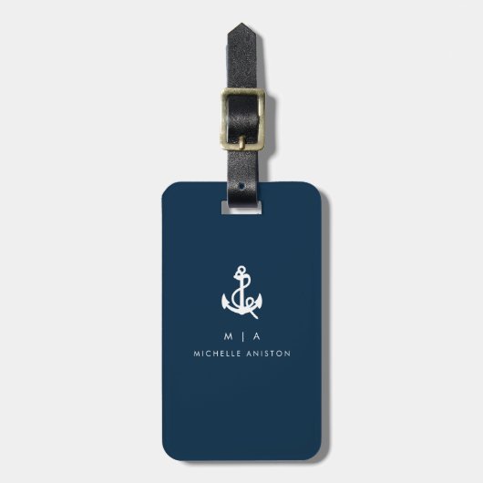 Marine Blauw Nautische Boot Anker | Monogram Aange Bagagelabel (Voorkant verticaal)