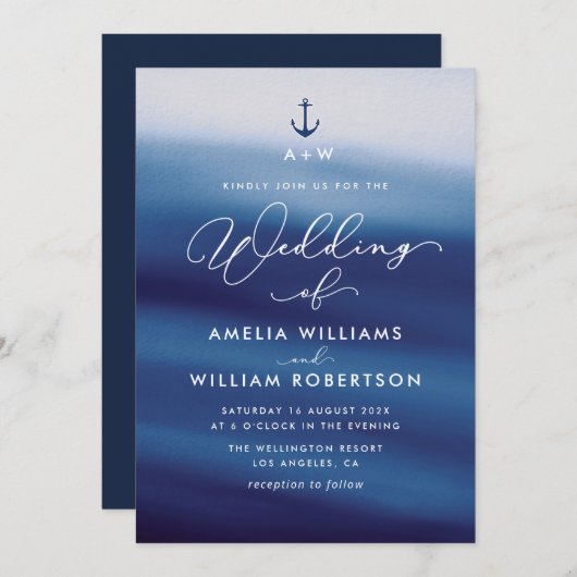 marine blauw nautische bruiloft uitnodiging (Voorkant / Achterkant)