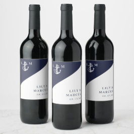 Marine Blauw Nautische Moderne Elegante Monogram H Wijn Etiket