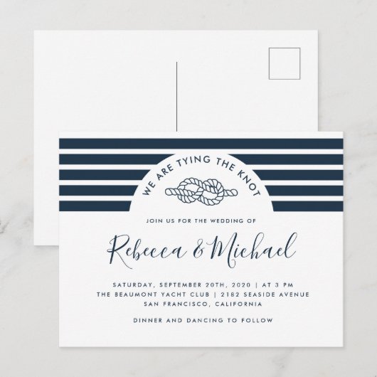 Marine Blauw Nautische Tying De Knoop Trouwen Uitnodiging Briefkaart (Voorkant / Achterkant)