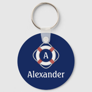 Marine Blauw Nauwe Thema Reddingsboei Monogram Sleutelhanger