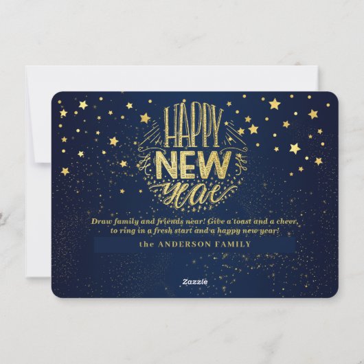 Marine Blauw Nieuwjaar 2026 met Gouden Sterren Feestdagenkaart (Achterkant)