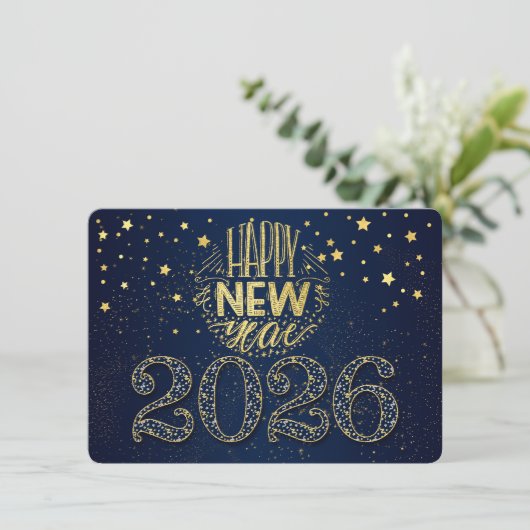 Marine Blauw Nieuwjaar 2026 met Gouden Sterren Feestdagenkaart (Staand voorkant)