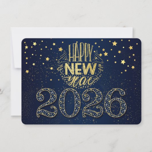 Marine Blauw Nieuwjaar 2026 met Gouden Sterren Feestdagenkaart (Voorkant)