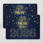 Marine Blauw Nieuwjaar 2026 met Gouden Sterren Feestdagenkaart (Voorkant / Achterkant)