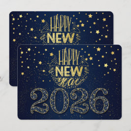 Marine Blauw Nieuwjaar 2026 met Gouden Sterren Feestdagenkaart