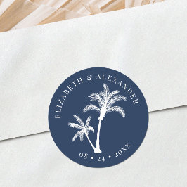 Marine Blauw Palm Tree Beach Tropische bruiloft Ronde Sticker