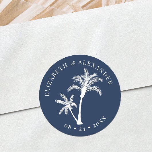 Marine Blauw Palm Tree Beach Tropische bruiloft Ronde Sticker