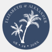 Marine Blauw Palm Tree Beach Tropische bruiloft Ronde Sticker (Voorkant)