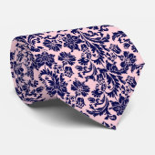 Marine Blauw & Pastel Roze Bloemen Damast Patroon Stropdas (Opgerold)