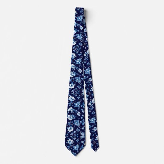 Marine Blauw Porselein Bloemen bruiloft Groomsmen  Stropdas (Voorkant)