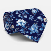 Marine Blauw Porselein Bloemen bruiloft Groomsmen  Stropdas (Opgerold)
