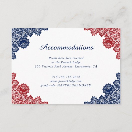 Marine Blauw Rood Bloemen Kant Trouwaccommodatie Informatiekaartje (Voorkant)