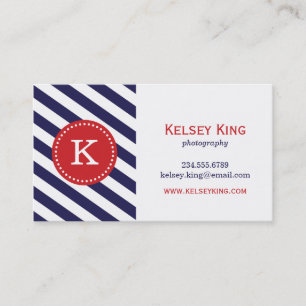 Marine Blauw & Rood Chevron Stripes Monogram Visitekaartje