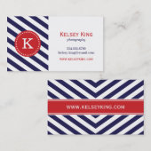 Marine Blauw & Rood Chevron Stripes Monogram Visitekaartje (Voorkant / Achterkant)