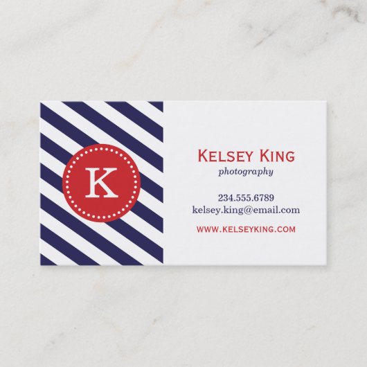 Marine Blauw & Rood Chevron Stripes Monogram Visitekaartje (Voorkant)