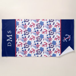 Marine Blauw Rood Nautisch Patroon Monogram Strandlaken