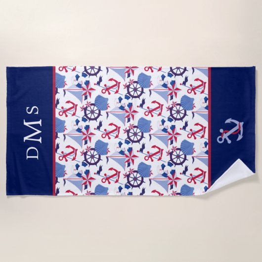 Marine Blauw Rood Nautisch Patroon Monogram Strandlaken (Voorkant)