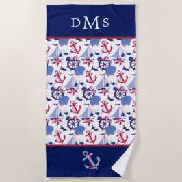 Marine Blauw Rood Nautisch Patroon Monogram Strandlaken