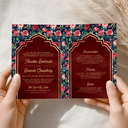 Marine Blauw Rood Rozen Bloemen Goud Indische Brui