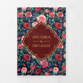 Marine Blauw Rood Rozen Bloemen Goud Indische Brui Drieluik Uitnodiging (Cover)