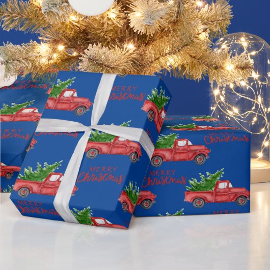Marine Blauw Rood Vrachtwagen Kerstcadeaus Wrap Cadeaupapier (Feestdagen)